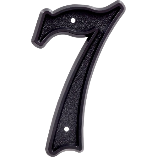 Matte black plastic house number 7 with textured surface and mounting holes for exterior home improvement projects