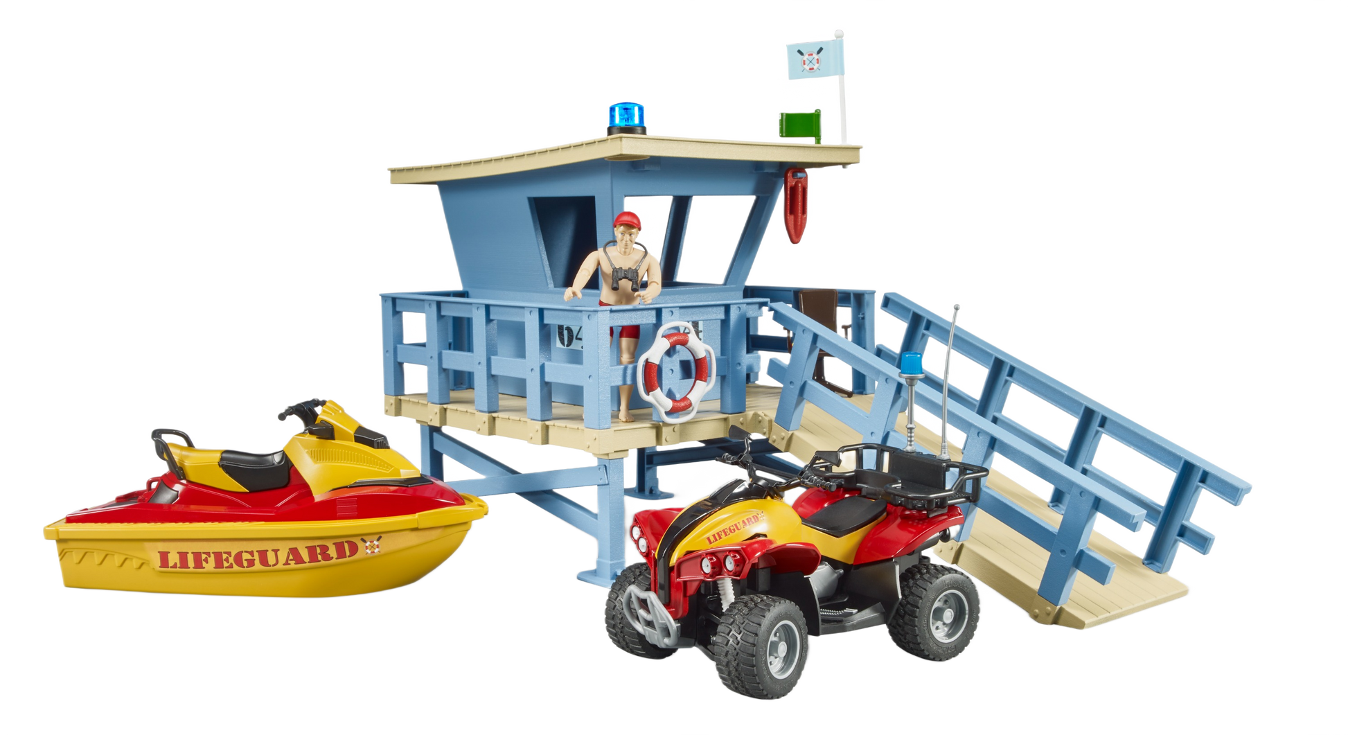 Blue lifeguard station playset with quad and rescue watercraft in Bruder Toys under $100 vehicle collection