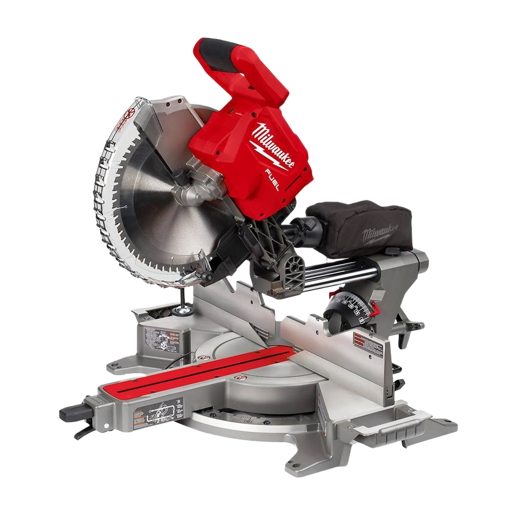 Cordless 12-inch dual bevel sliding miter saw with brushless motor for precise cuts in power tools and home improvement.