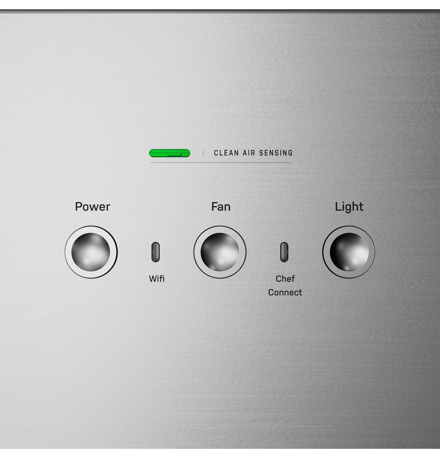 Close-up of stainless steel control panel with power, fan, and light buttons plus clean air sensor indicator on range hood