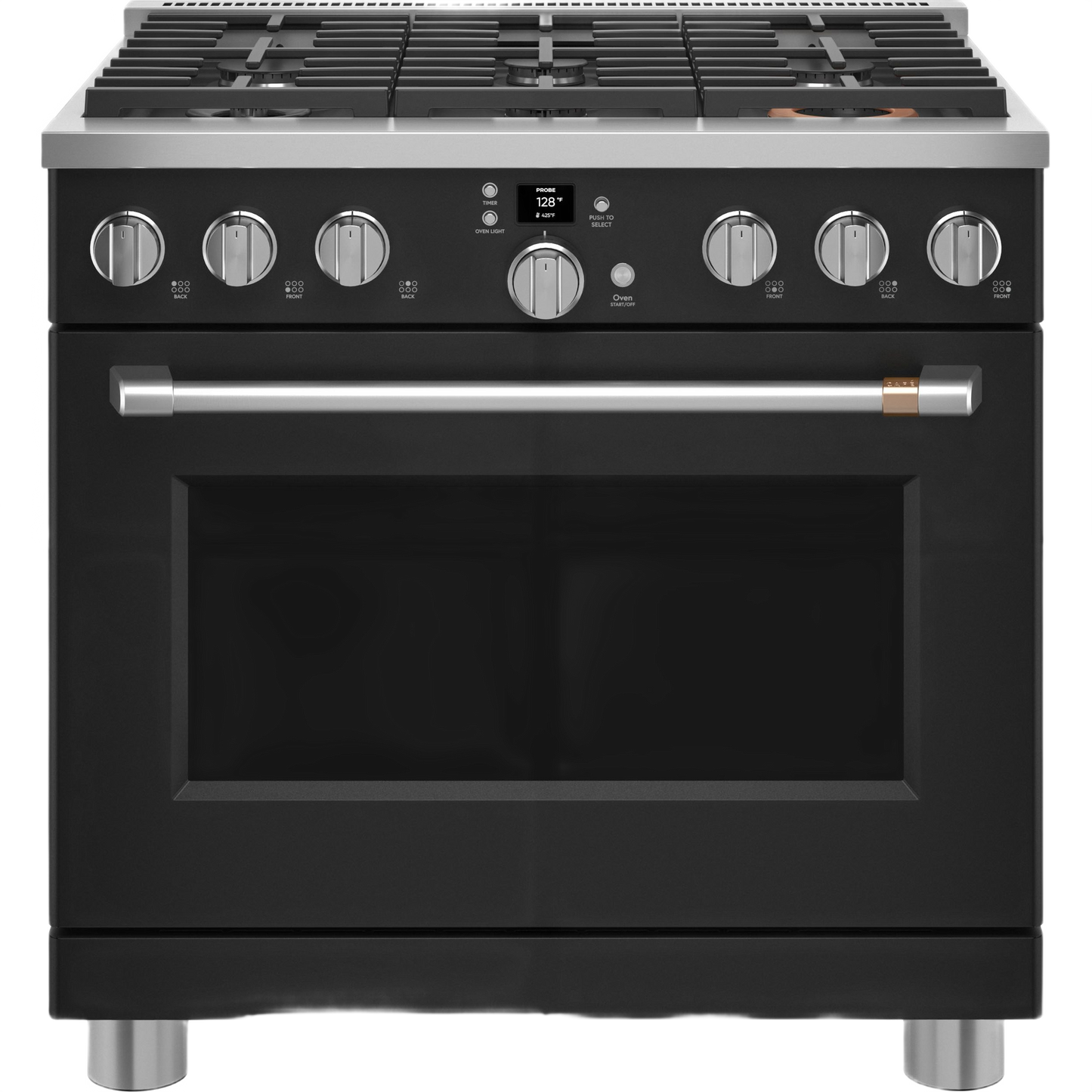 Commercial-style black and stainless gas range with six burners and digital display from Ranges & Cooktops collection