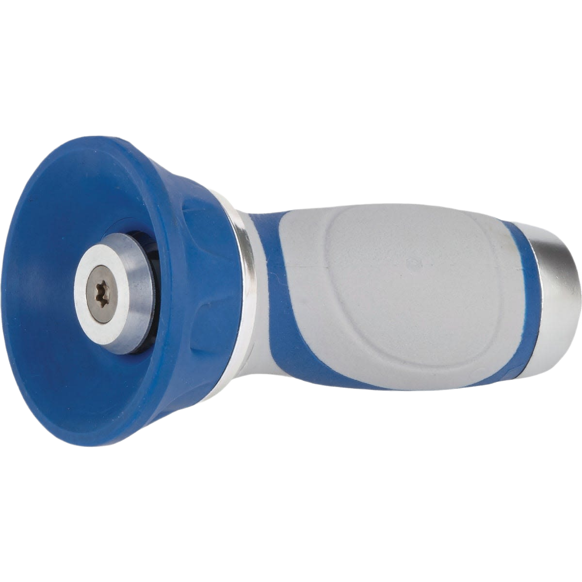 Blue and gray metal garden hose nozzle with rubber grip designed for watering and irrigation tasks under $50 collections