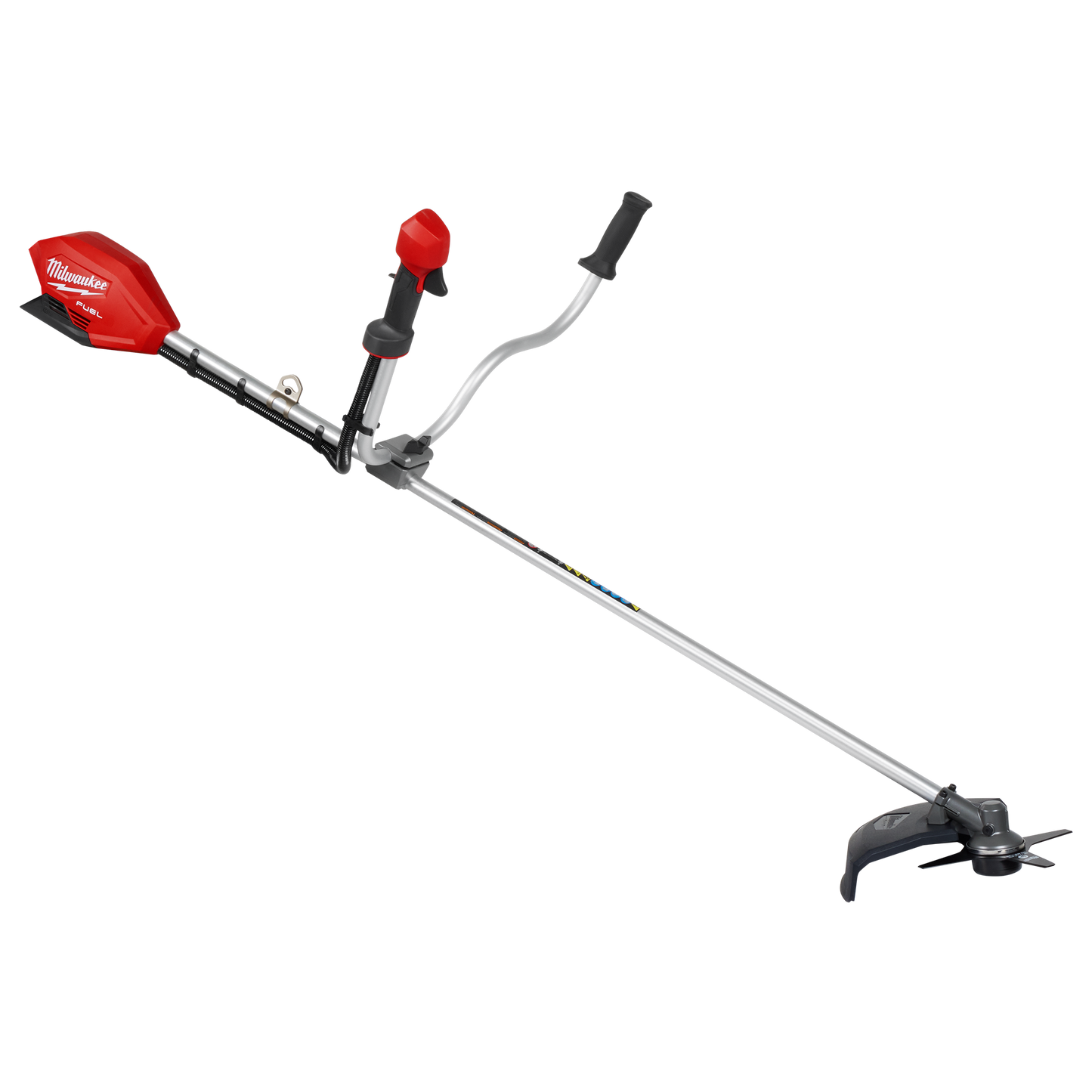Red and silver cordless brush cutter with ergonomic handles and black protective guard for tools and home improvement tasks