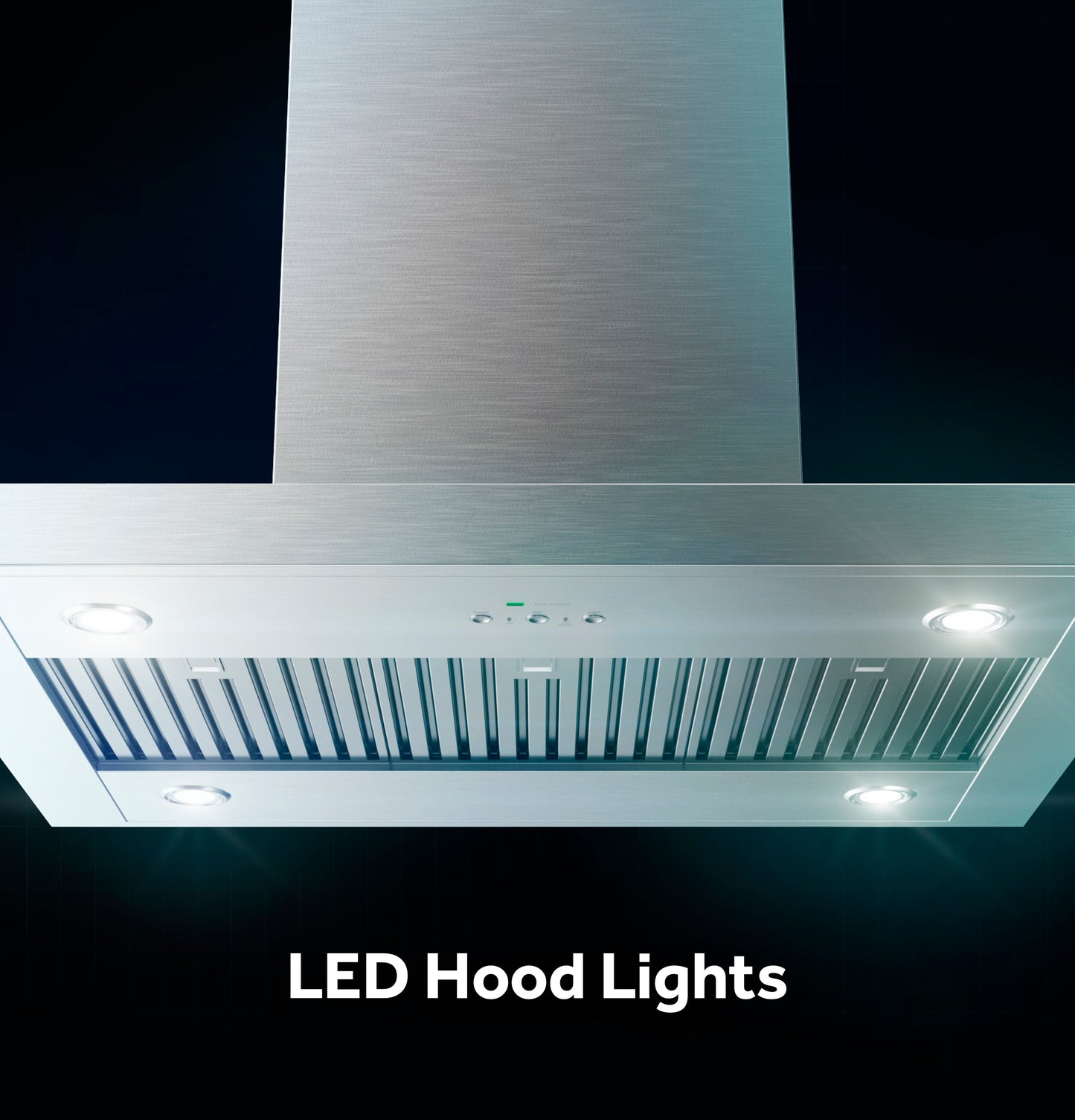 Brushed stainless steel island chimney vent hood with LED lighting and ventilation filters in kitchen appliance setting