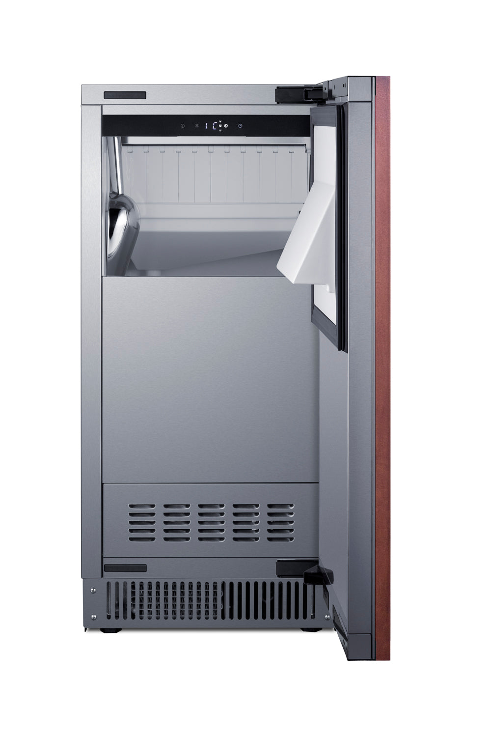 Open built-in clear icemaker with stainless steel exterior and an adjacent rich wood panel door, shown in Freezers & Ice Makers, Ice Makers, Kitchen & Kitchenware, Appliances at Hartville Hardware.