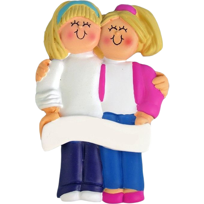 Two smiling blonde friends ornament embracing, holding a blank white banner from Christmas Ornaments collection