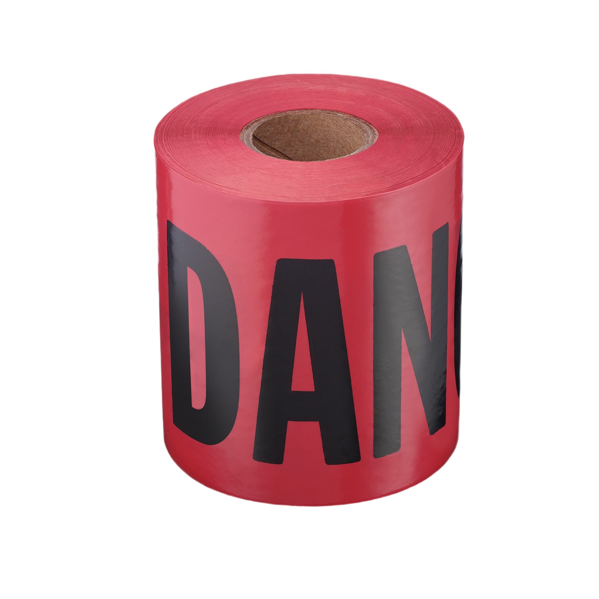 Roll of bright red caution tape with large black warning letters for use in tool accessories and home improvement safety.