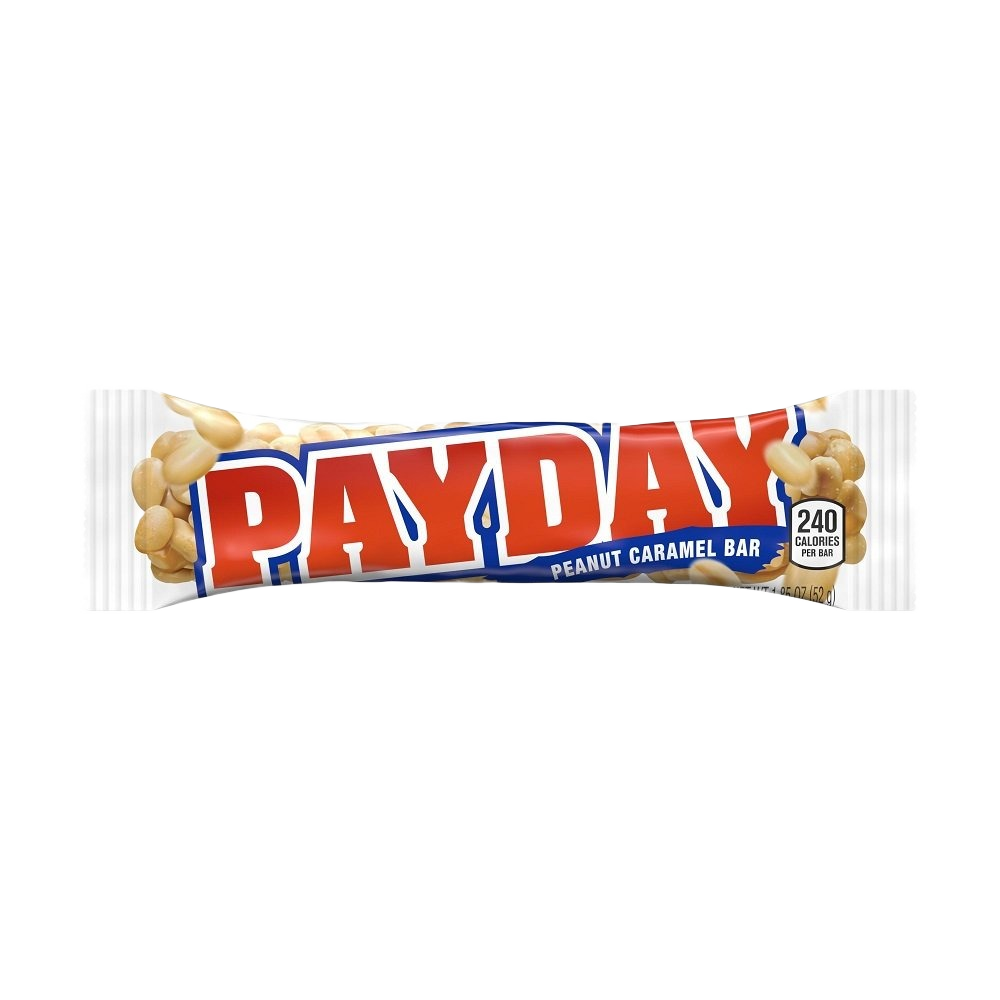 Candy bar wrapped in white packaging with bold red and blue text highlighting peanuts and caramel in Chocolates & Candies collection