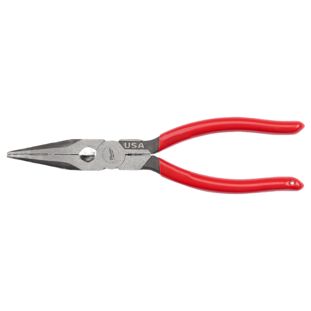 8-inch long nose pliers with red dipped handles for precision gripping in tools and home improvement tasks