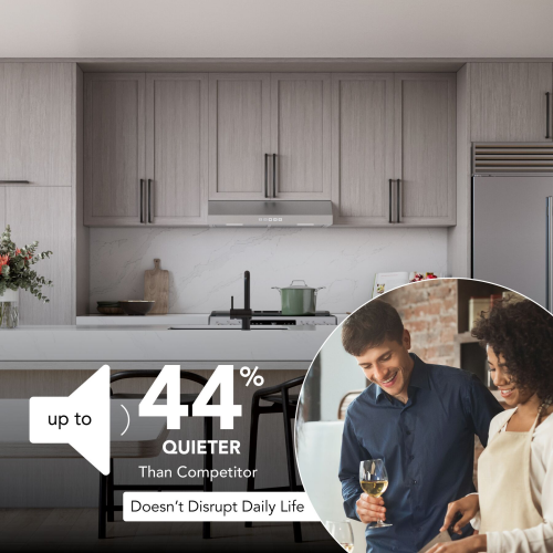 Modern kitchen featuring a stainless steel under cabinet range hood with quiet ventilation for home improvement and kitchen appliances.