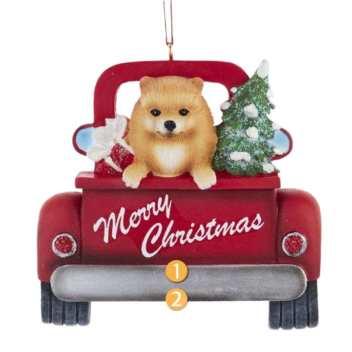 Red vintage truck ornament with a Pomeranian dog and Christmas tree for holiday decoration
