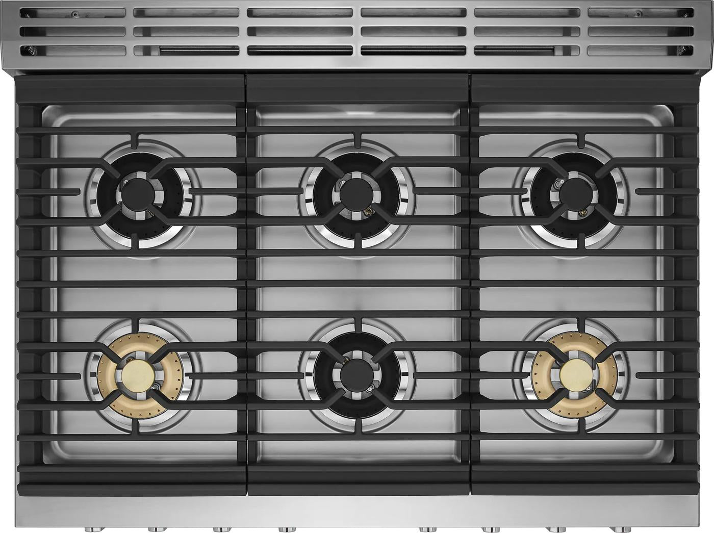 Top view of six-burner stainless steel cooktop with black grates in kitchen range and appliances collection