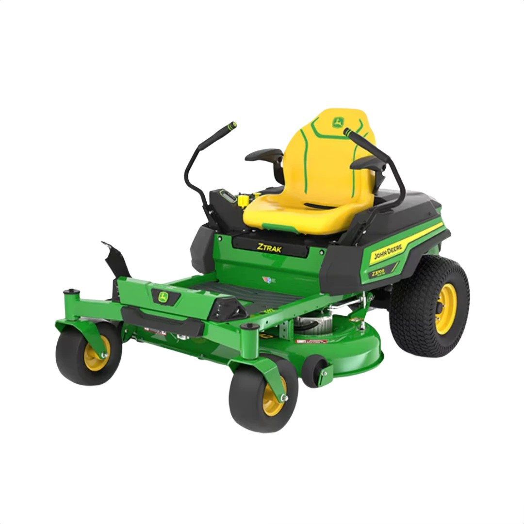 Green and yellow zero-turn riding mower with electric controls and 42-inch cutting deck for lawn care tasks