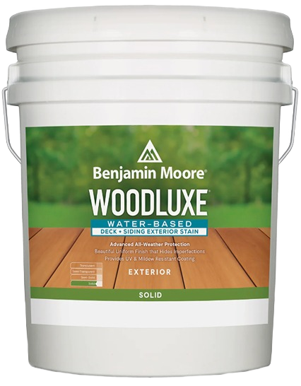 White bucket of Benjamin Moore Woodluxe water-based solid exterior stain for decks and siding in home improvement collections