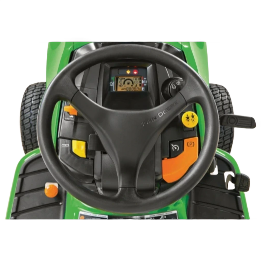 Top view of green John Deere lawn tractor dashboard with black steering wheel and digital display for home improvement tasks