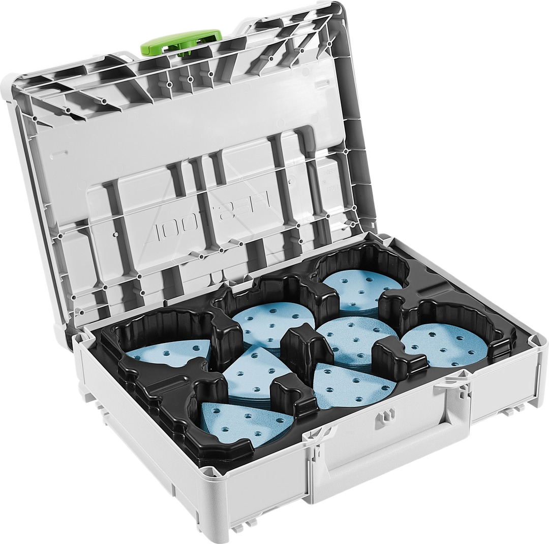Open gray plastic storage case with foam sanding discs organized inside for power tool accessories and abrasives collections under $100