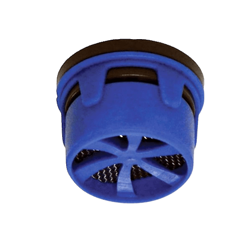 Blue plastic faucet aerator insert with mesh screen for water flow control in plumbing repair and faucet parts collections