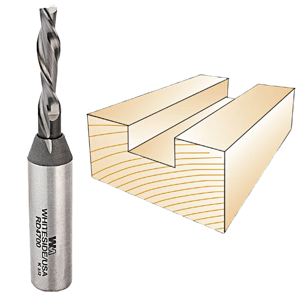 Spiral downcut router bit with sharp flutes next to wood piece showing groove cut for tool accessories and home improvement.