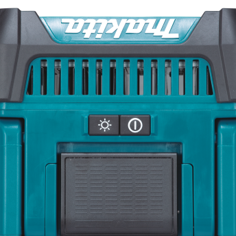 Teal and black Makita work light control panel with power and brightness buttons for tools and home improvement collections