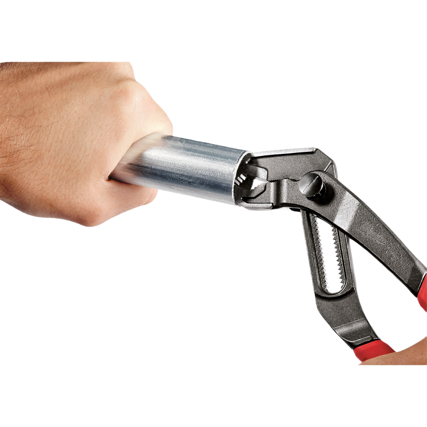 Milwaukee hex-jaw pliers with comfort grip handles gripping a metal pipe for home improvement tasks