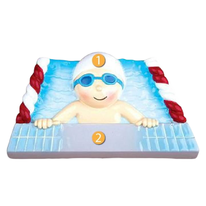 Boy swimmer ornament wearing white cap and blue goggles in pool lane for Christmas Ornaments & Tree Decorations under $50 collection