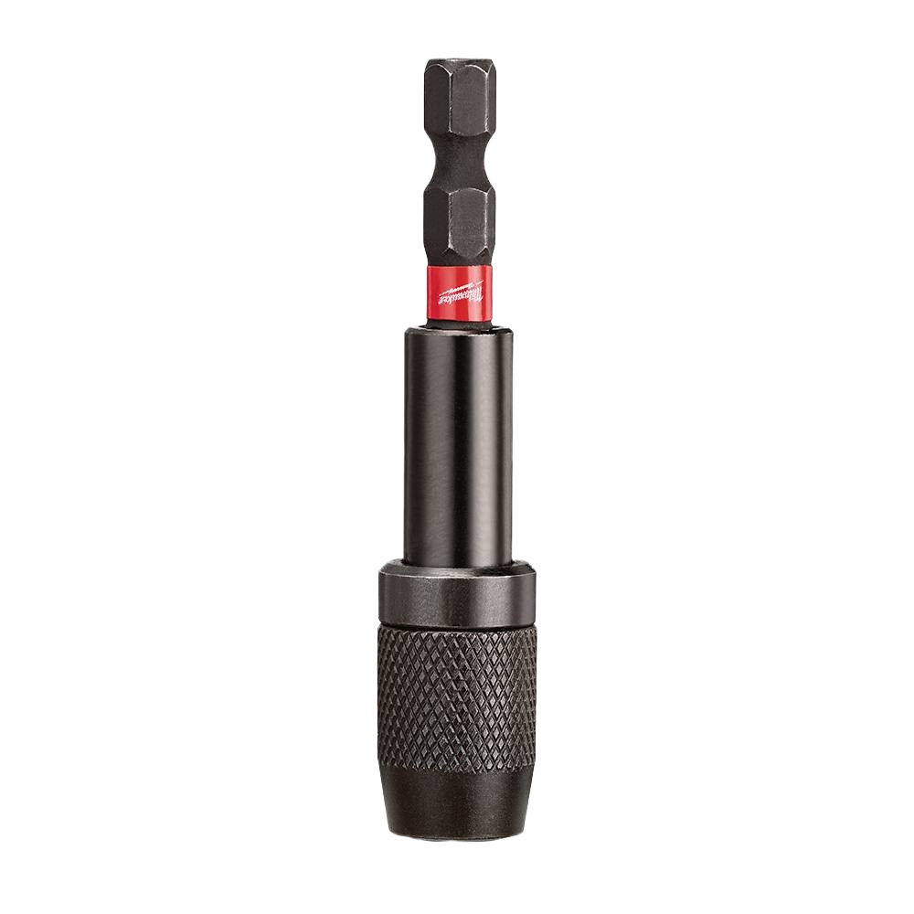 Compact impact-rated locking bit holder with knurled grip for secure fastening in power tool accessories and woodworking collections