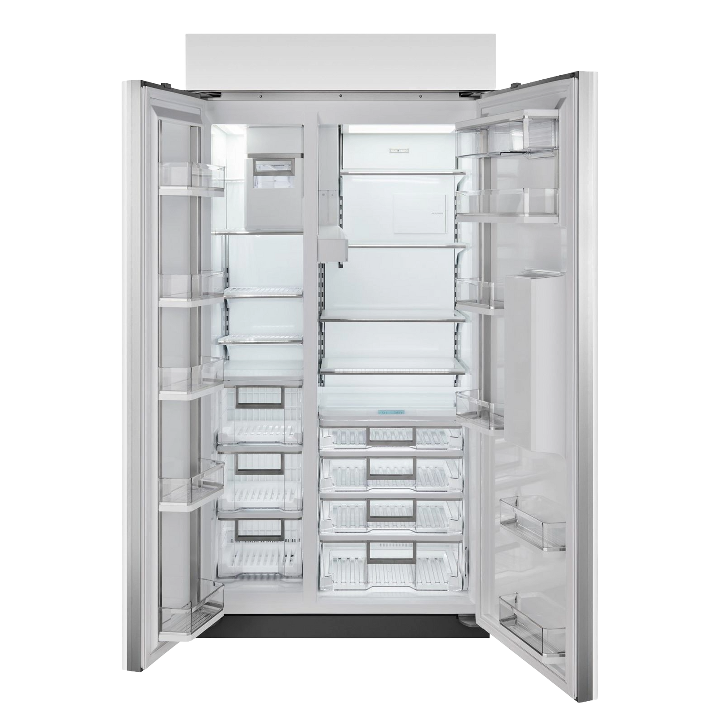 Open stainless steel side-by-side refrigerator and freezer with multiple shelves and clear LED interior lighting in Appliances collection