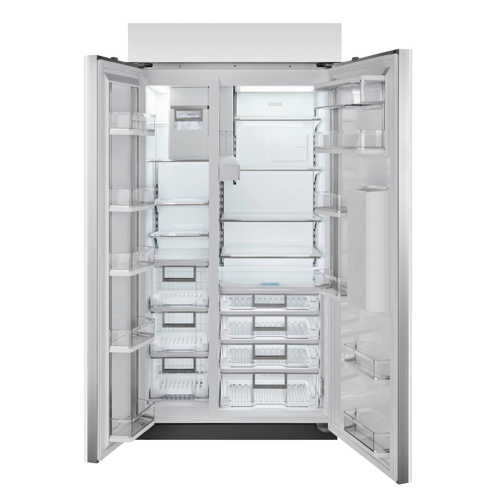 Open stainless steel side-by-side refrigerator and freezer with multiple shelves and clear LED interior lighting in Appliances collection