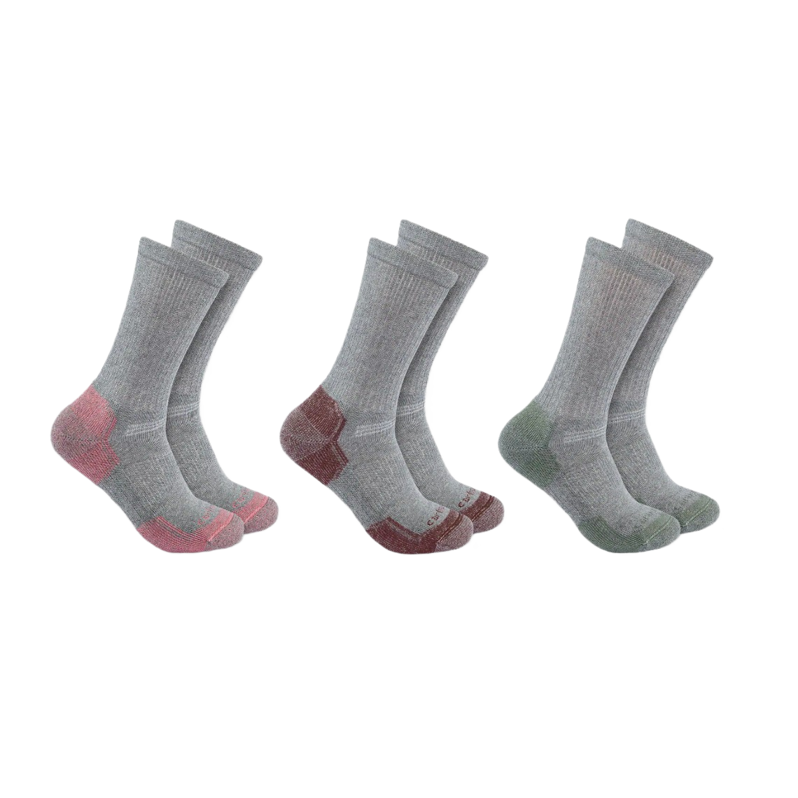 Three pairs of midweight cotton blend crew socks in light gray with heel and toe accents in muted rose, brown, and green, part of Clothing & Shoes, Accessories, and Women's Carhartt collections at Hartville Hardware.