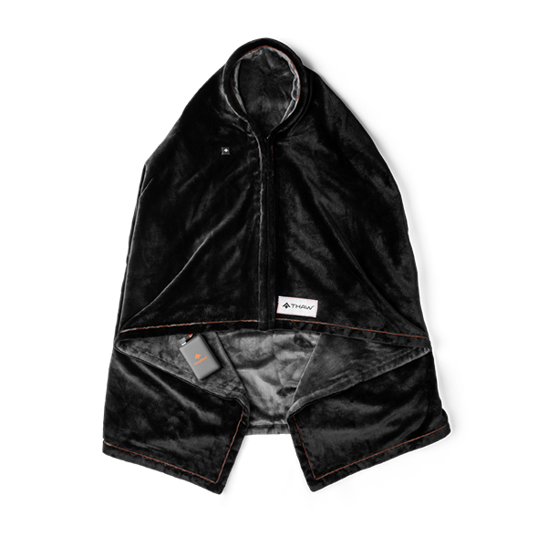 Black plush heated wrap with zipper closure designed for warmth and comfort in clothing and accessories collections