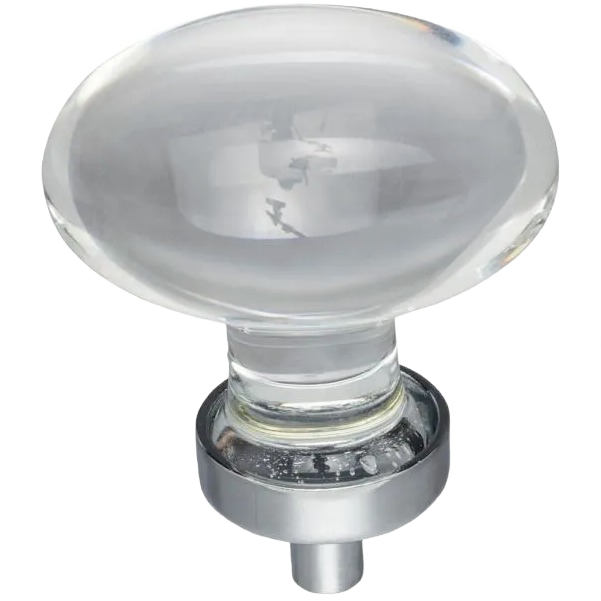 Clear glass cabinet knob with polished chrome base in a football-inspired shape for furniture and home improvement hardware