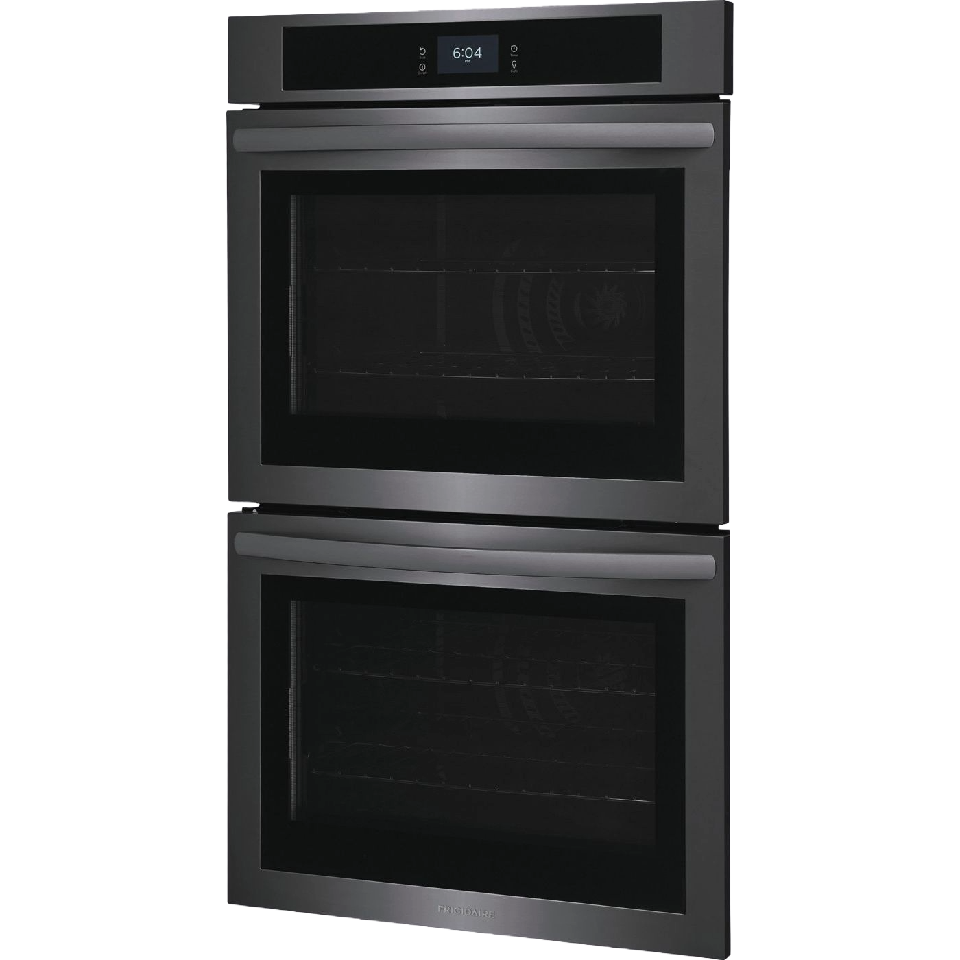 Sleek black stainless steel double electric wall oven with fan convection and digital control panel for modern kitchen appliances.