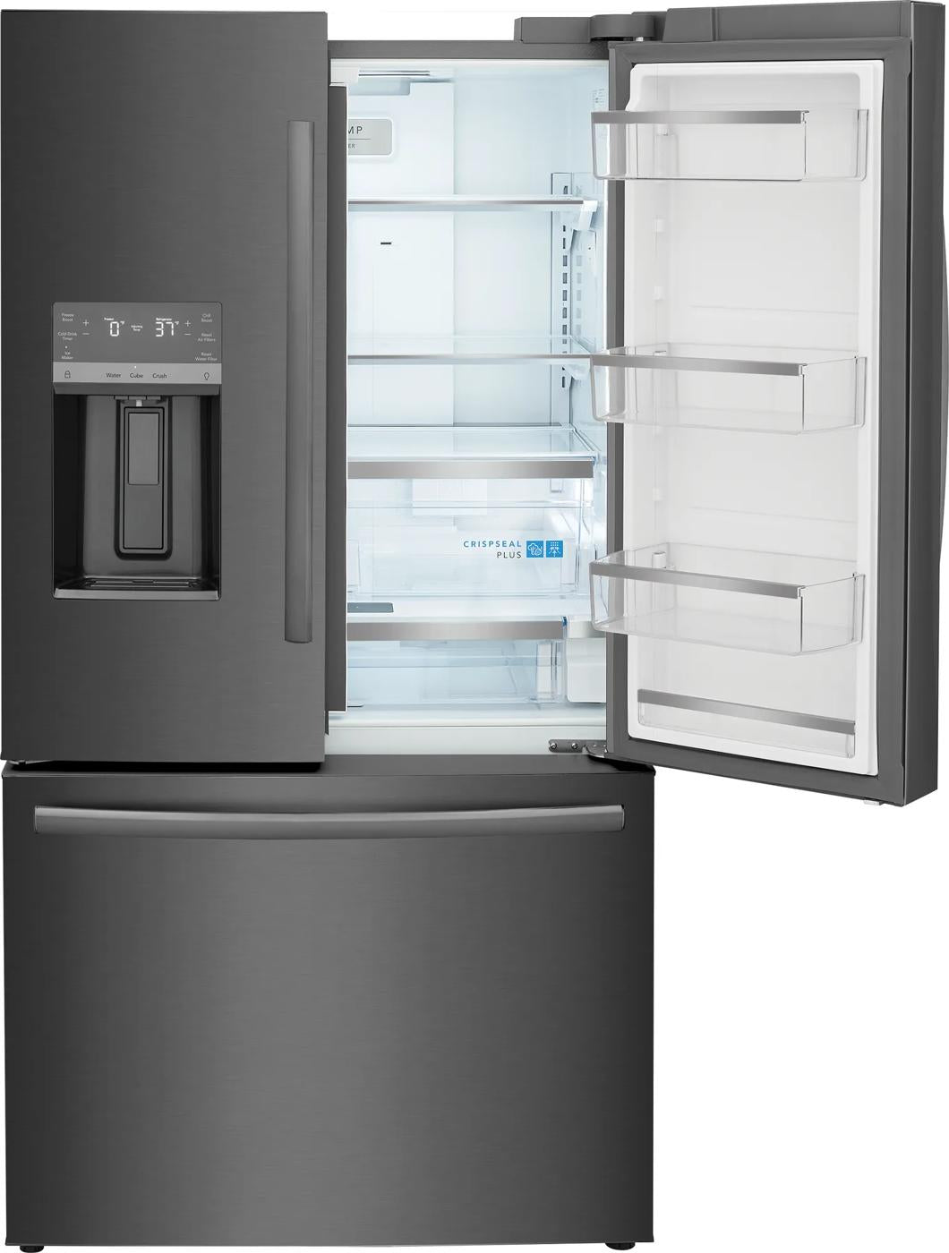 Counter-depth French door refrigerator with black stainless steel finish, water dispenser, and spacious interior in Appliances collection