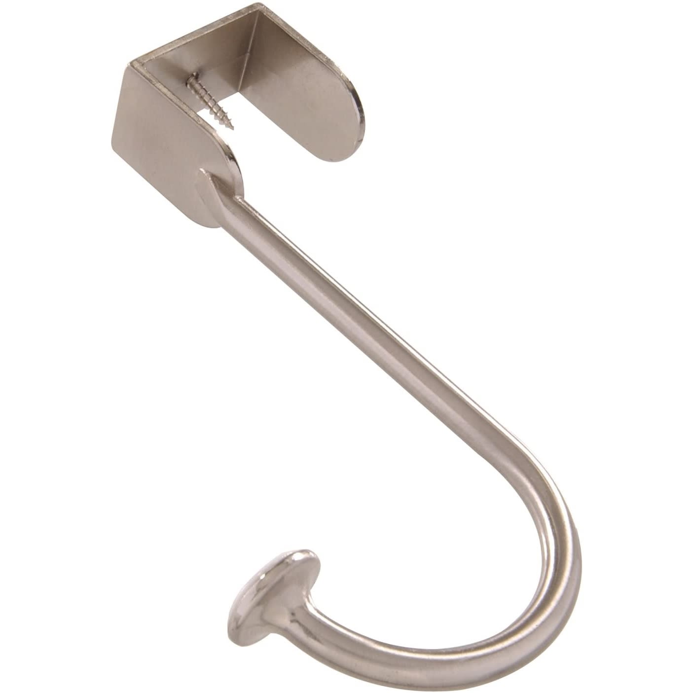 Satin nickel over-the-door hook with wide, sturdy mounting bracket for hanging items in home improvement projects