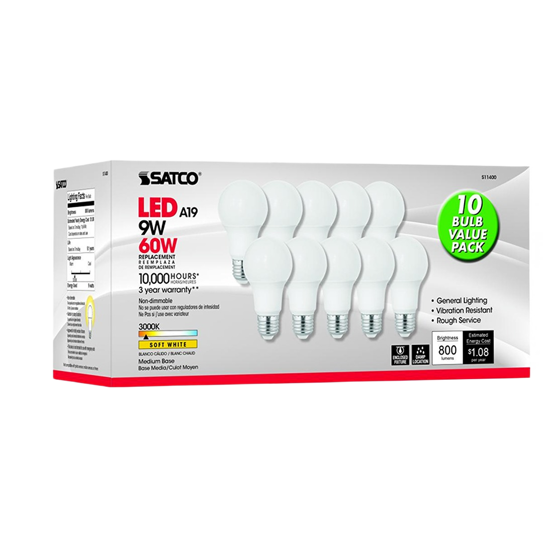 Pack of ten Satco 9 watt A19 warm white LED bulbs with medium base for energy-efficient home lighting