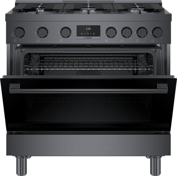 Front view of black stainless steel 36-inch gas freestanding range with open oven door and digital display panel