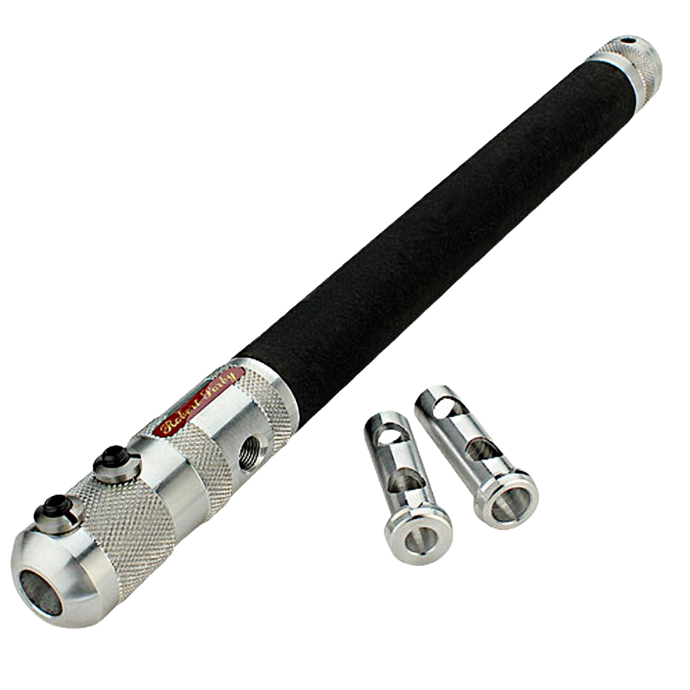 Metal and black textured wood lathe tool with two detachable silver chucks for woodturning projects