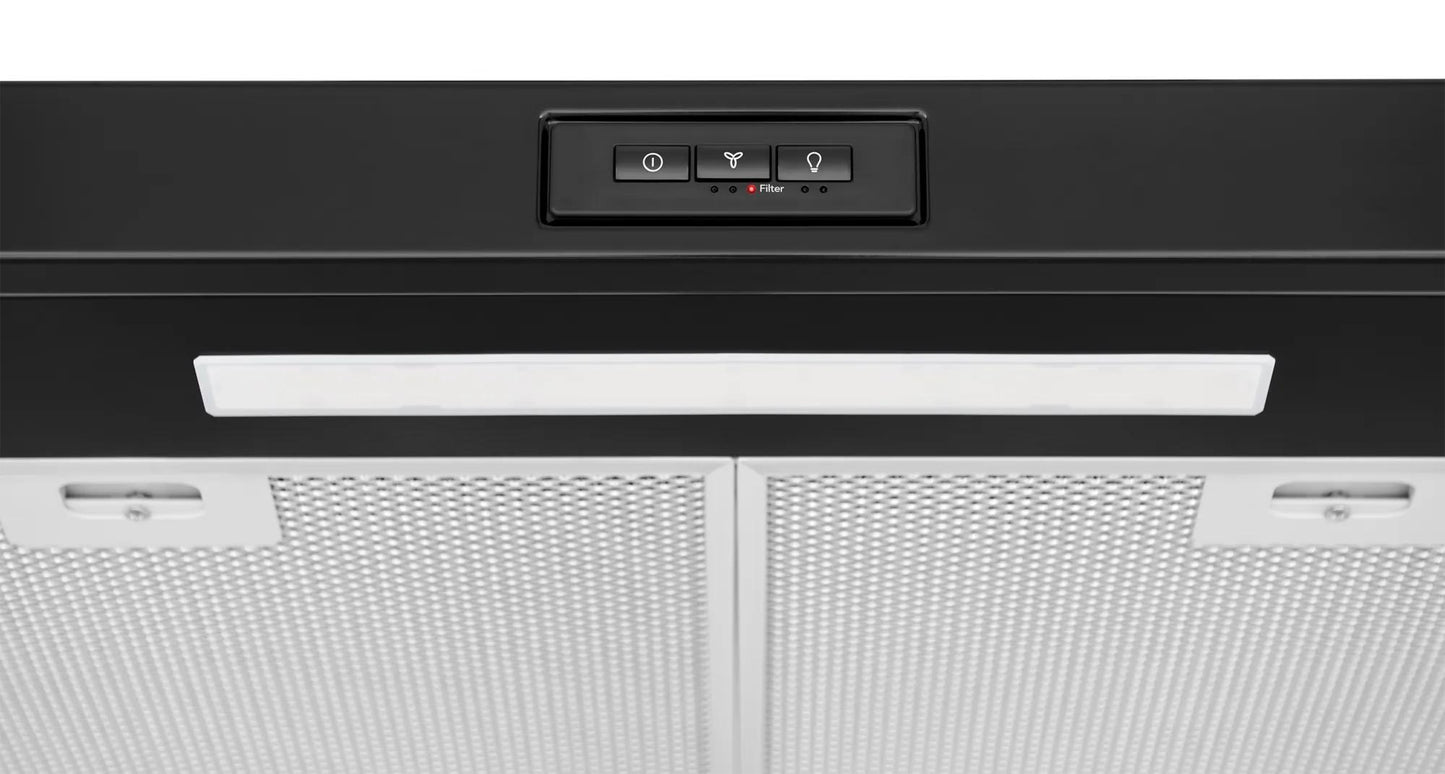 black undercabinet ventilation hood with LED light and filter indicator in range hoods and kitchen appliances collection