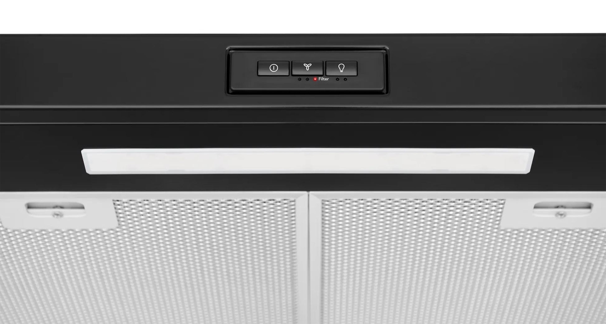 black undercabinet ventilation hood with LED light and filter indicator in range hoods and kitchen appliances collection