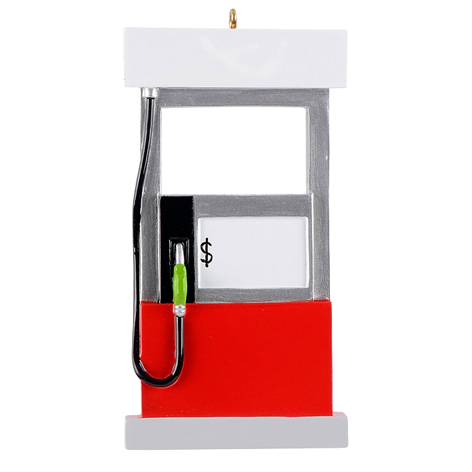 Red and silver vintage-style gas pump Christmas ornament with green nozzle, festive tree decoration under $50