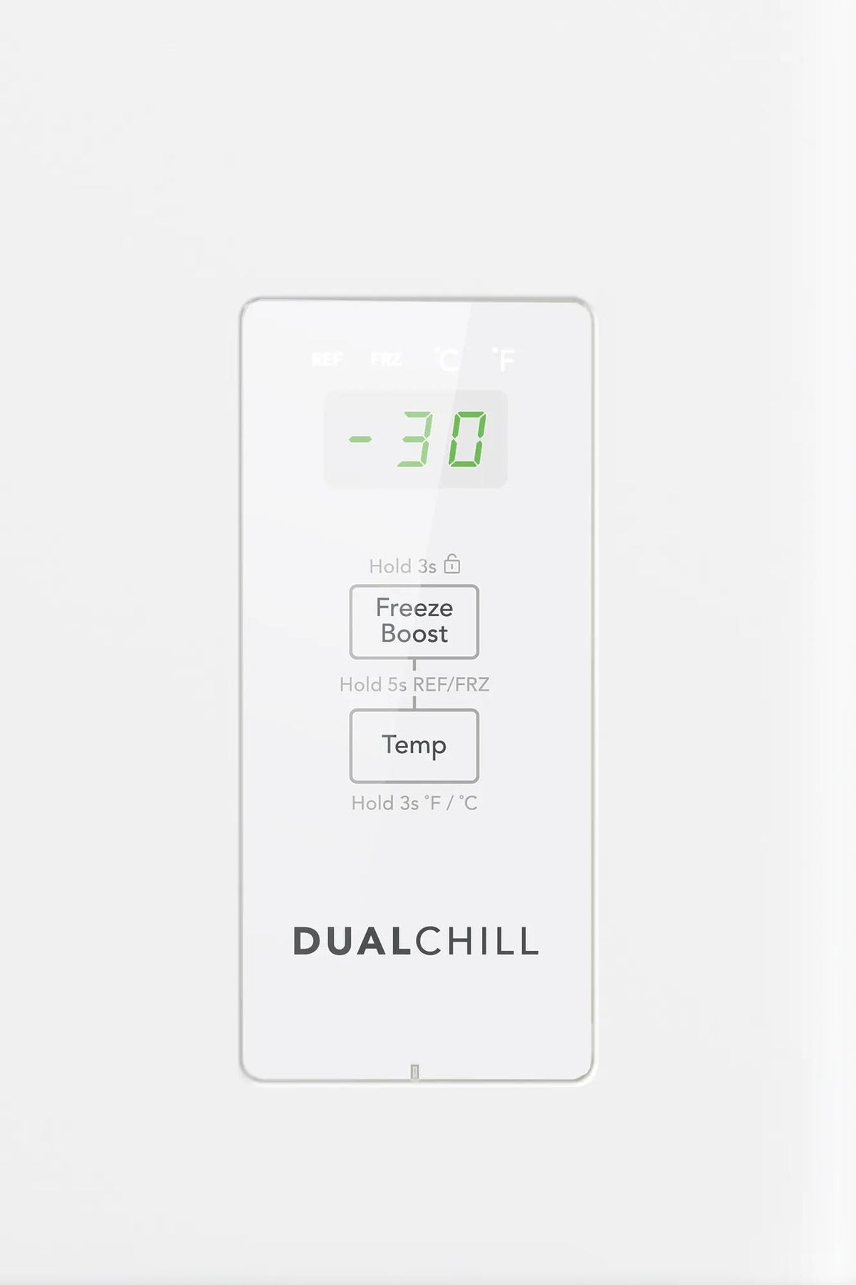 Digital control panel on a white chest freezer displaying a -30 degree temperature with Freeze Boost and Temp buttons, part of Freezers & Ice Makers collection.