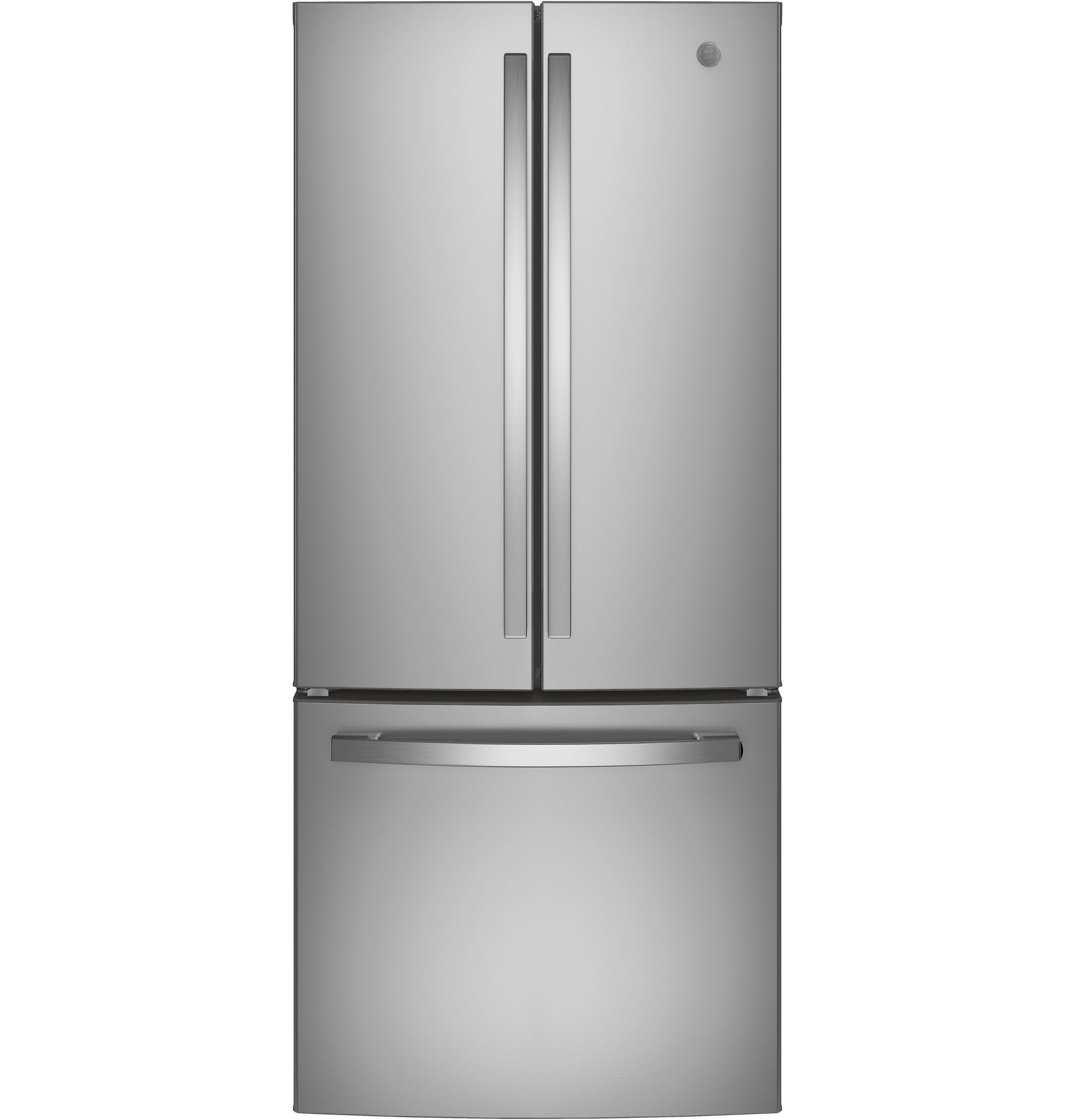 Stainless steel French-door refrigerator with bottom freezer drawer in kitchen appliances collection