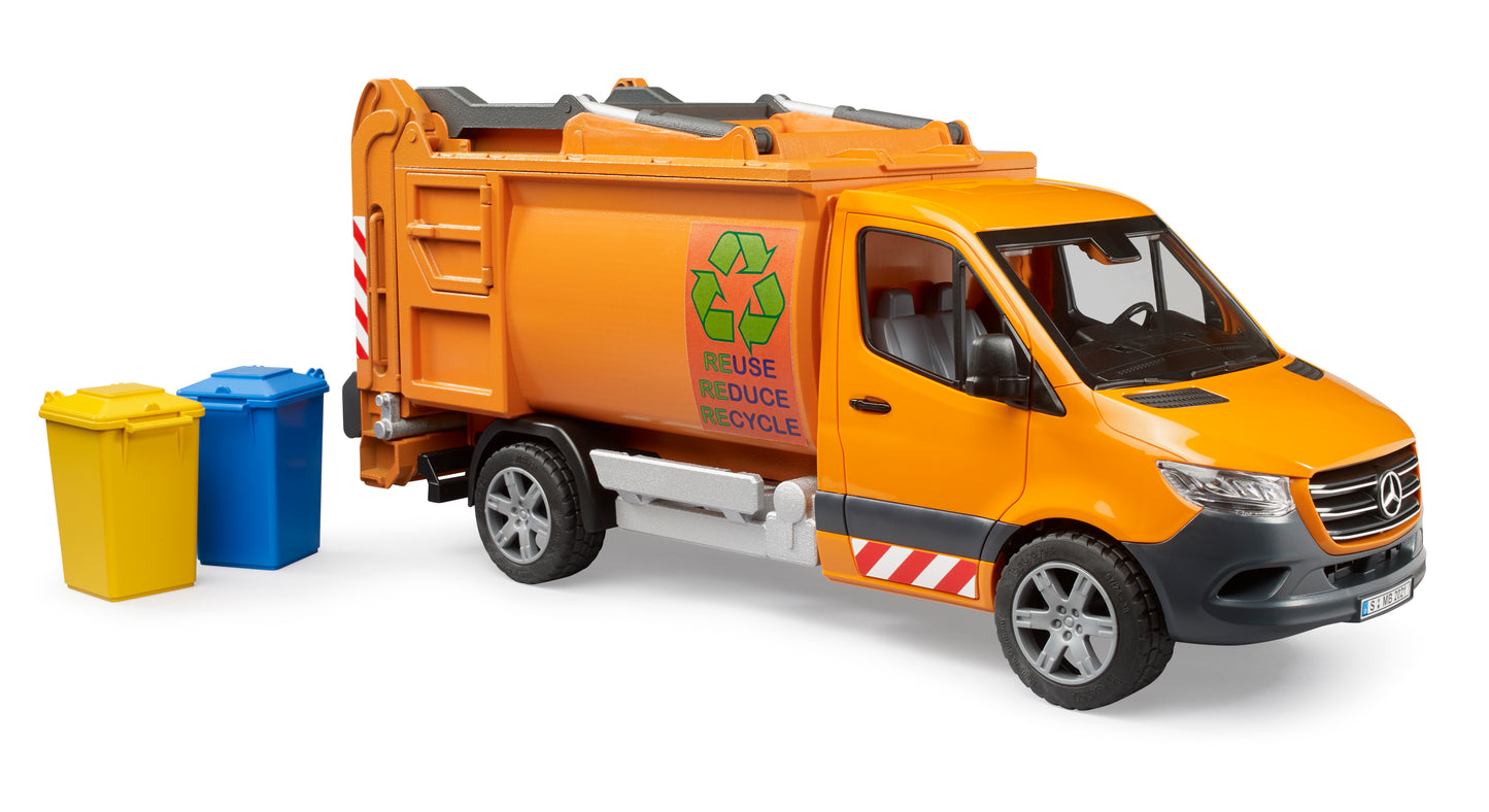 Orange toy garbage truck with reusable bins in yellow and blue, designed for tools and home improvement play