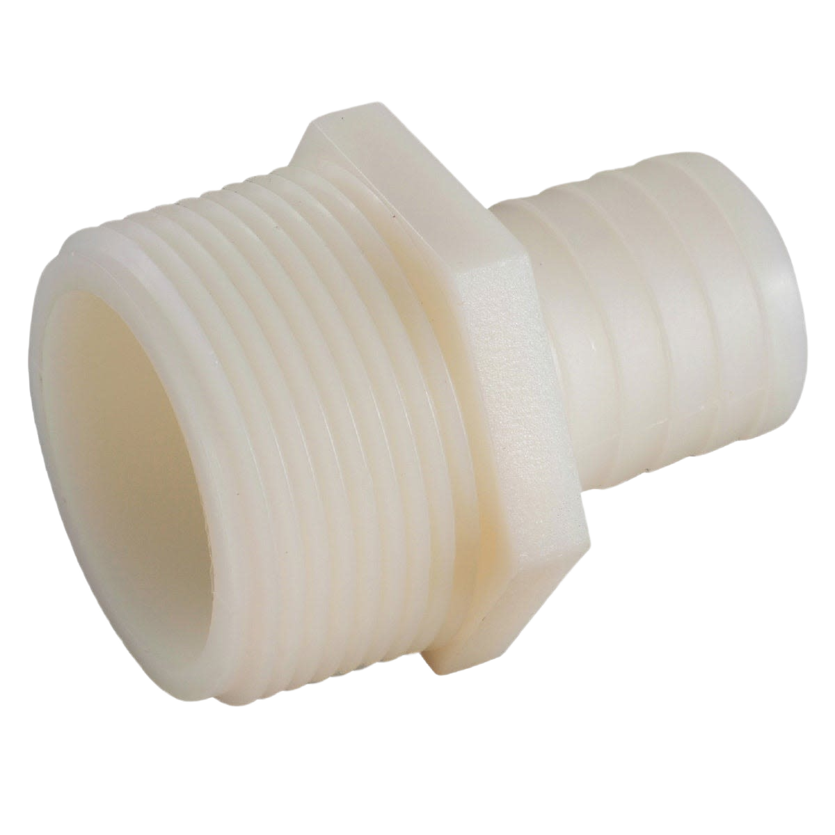White nylon plumbing connector with 1/4 inch barb and 1/8 inch male threads for pipes and fittings collections