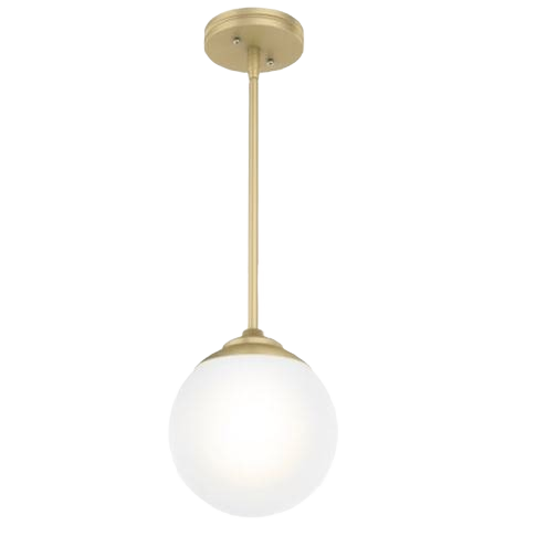 One light mini pendant with painted modern brass finish and round frosted glass shade for bathroom or dining lighting.