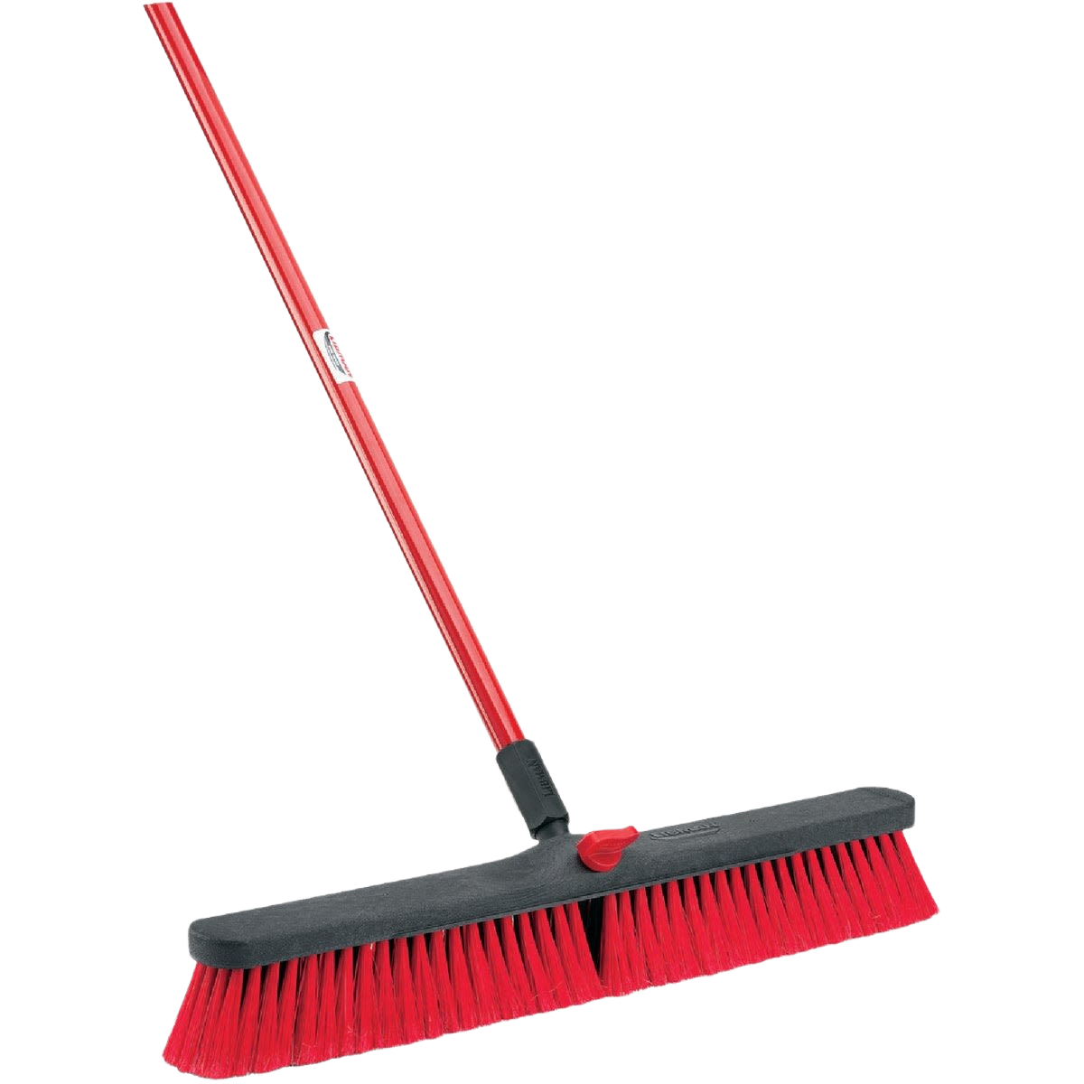 Red push broom with firm red bristles and steel handle, part of cleaning tools and home improvement collections