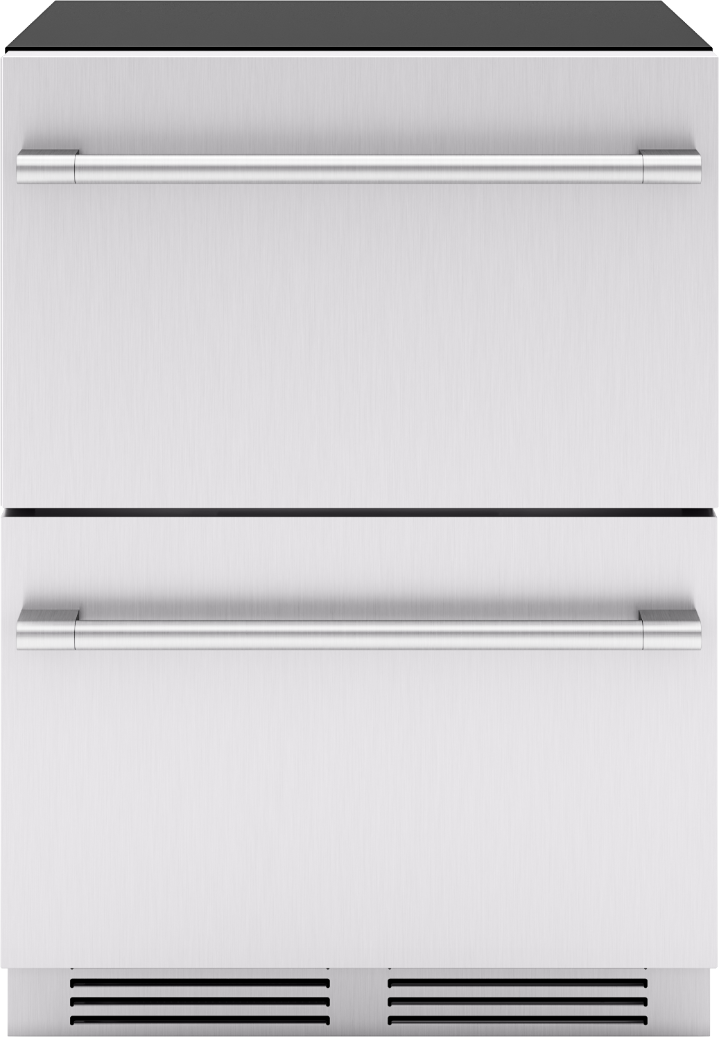 Dual zone under-counter refrigerator drawers in stainless steel with horizontal handles for kitchen appliance storage