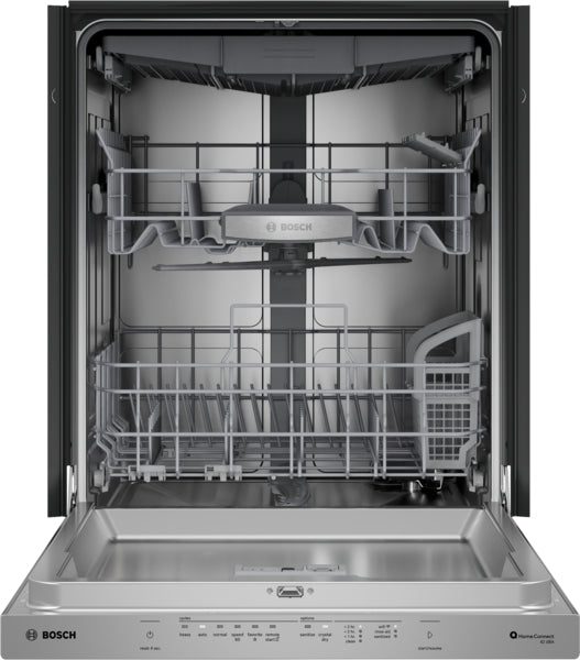 Empty interior of a stainless steel dishwasher with adjustable racks and cutlery basket from Bosch appliances collection