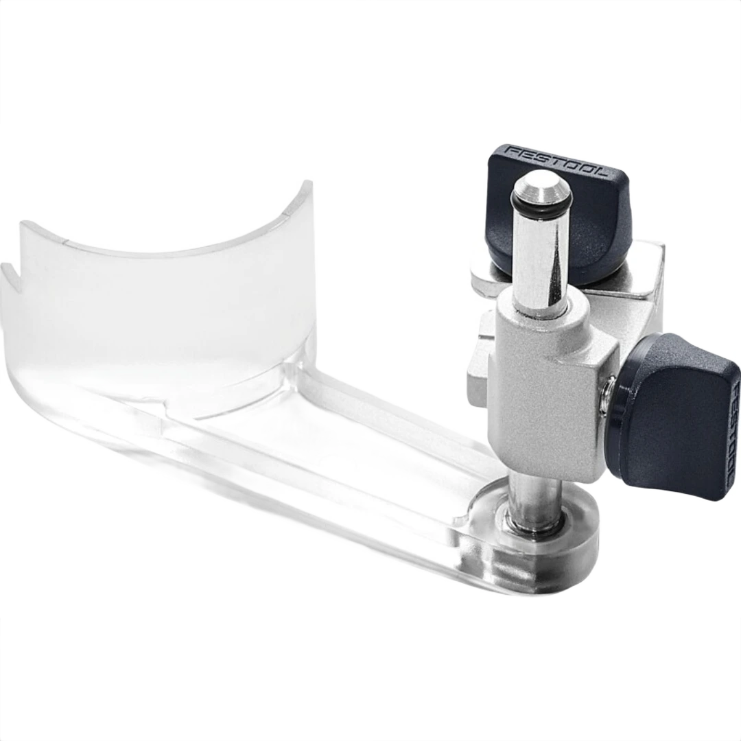 Clear plastic router chip deflector with metal adjustment knob designed for woodworking tool applications