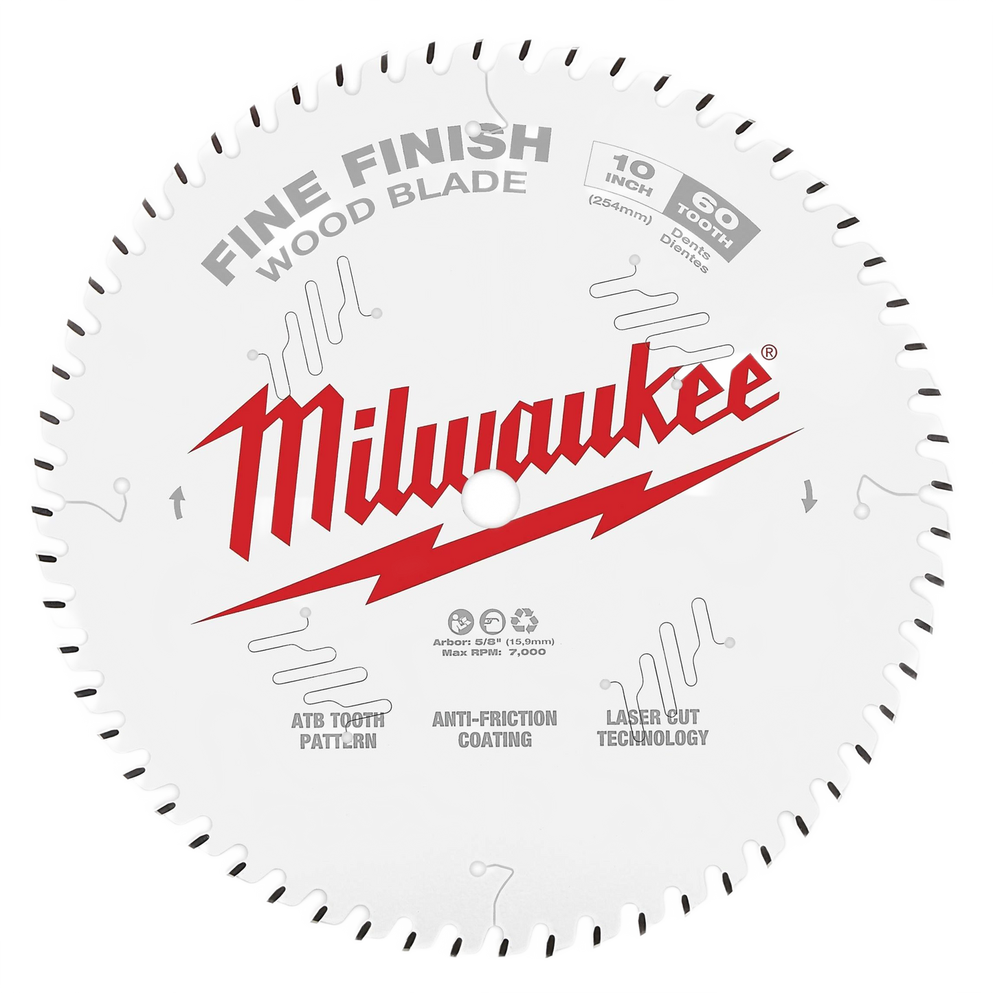 Milwaukee 10-inch wood-cutting blade with 60 teeth, fine finish, laser-cut design, and anti-friction coating for home improvement tasks